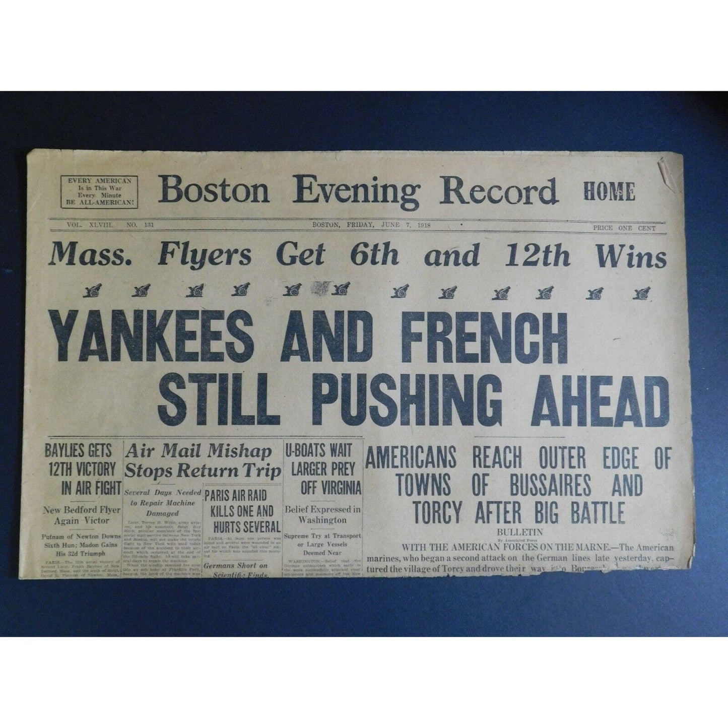 WWI Era Newspaper - Boston Evening Record - June 7 1918 - 4 pgs.