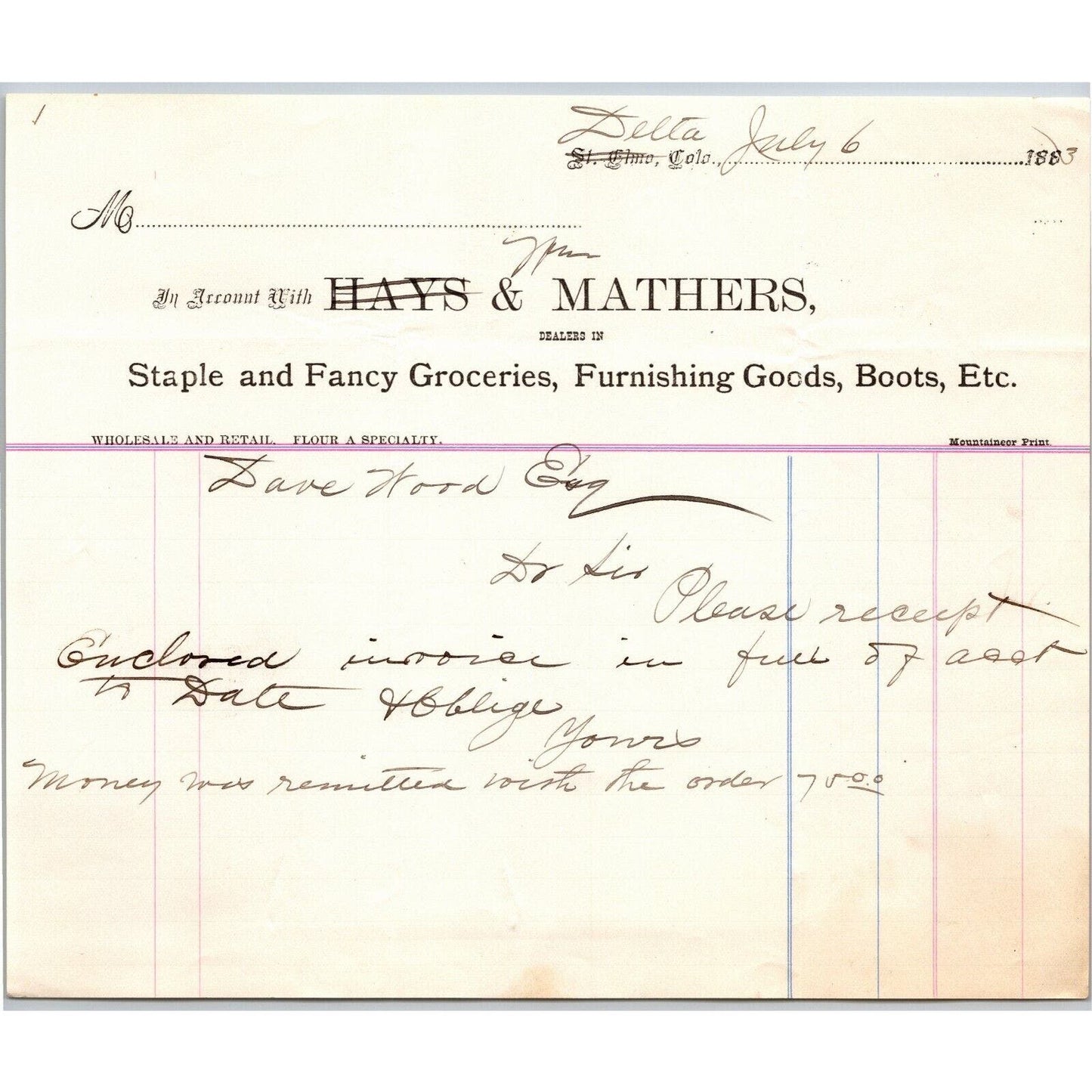 1883 Hays & Mathers St. Elmo / Delta, CO Letterhead Groceries Ghost Town Mining