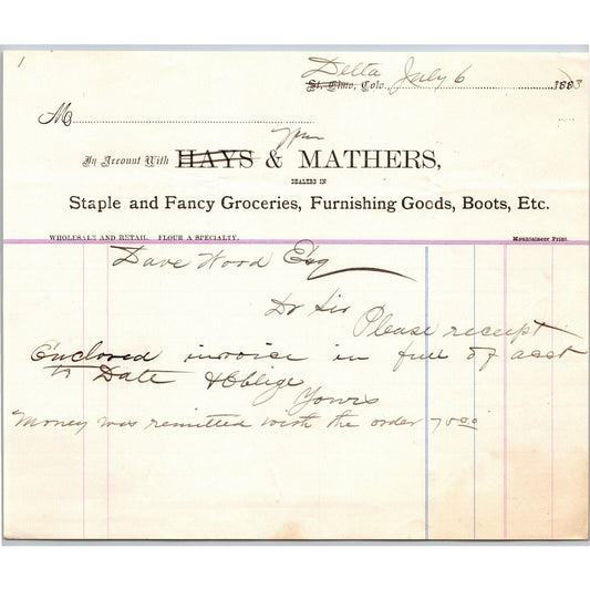 1883 Hays & Mathers St. Elmo / Delta, CO Letterhead Groceries Ghost Town Mining