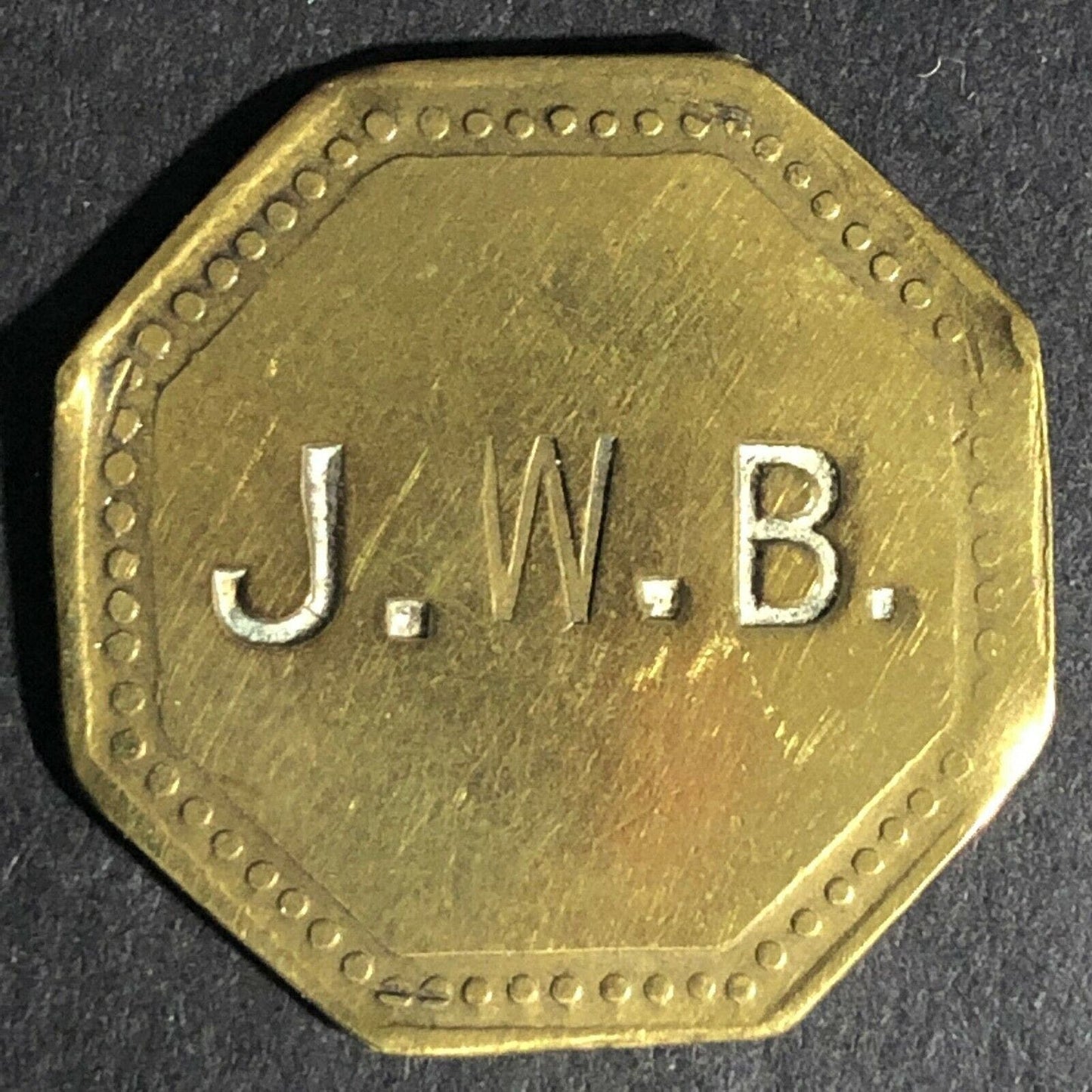 J.W.B. Monogram (John W. Bay Co?) G/F 5c Drink or Cigar Brass Token 26mm