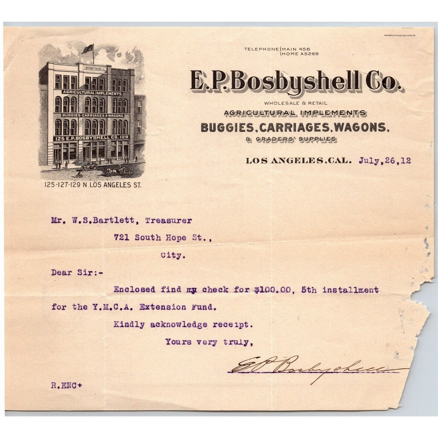 E.P. Bosbyshell Co. Buddies Carriages Wagons 1912 Letterhead re: $100 YMCA Check
