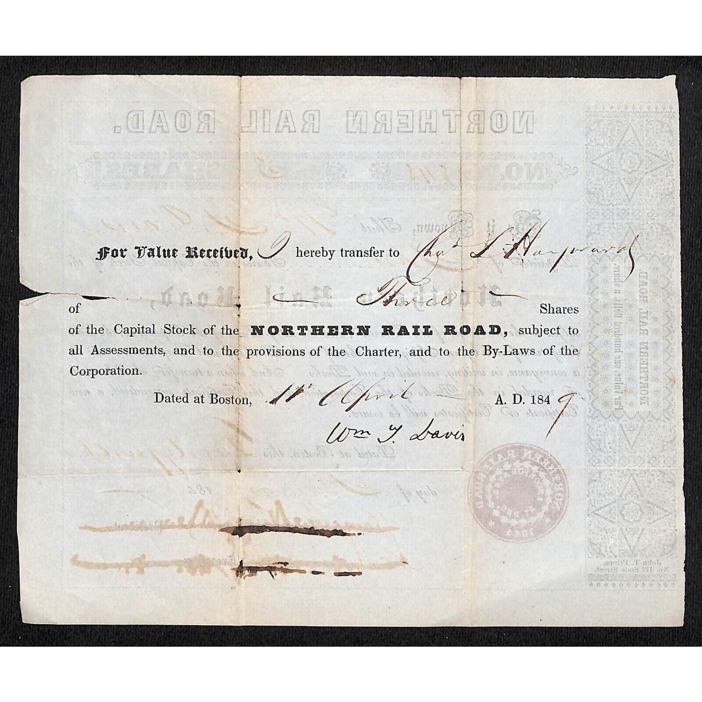 1848 Boston, MA Northern Railroad Stock Certificate No. 2848 for 3 Shares