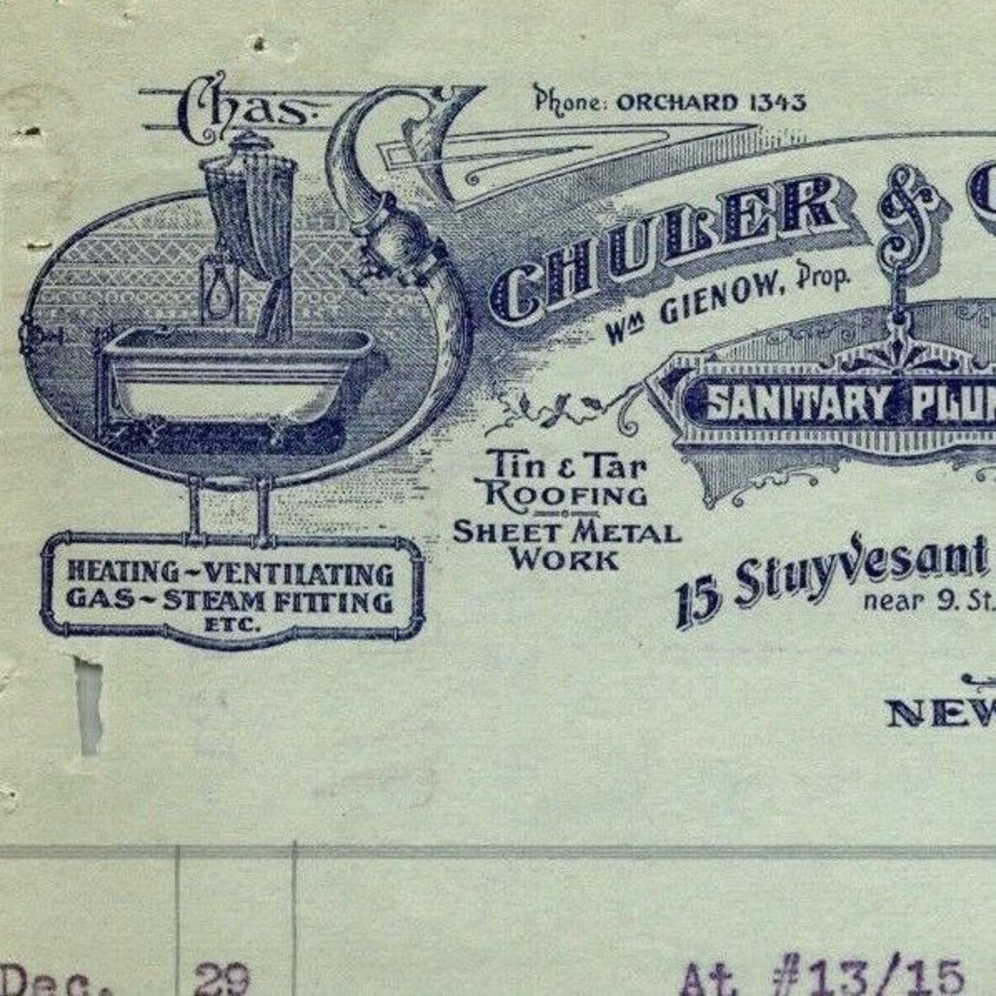 1915 "Schuler & Co." Sanitary Plumbing Billhead Letterhead Stuyvesant St NYC