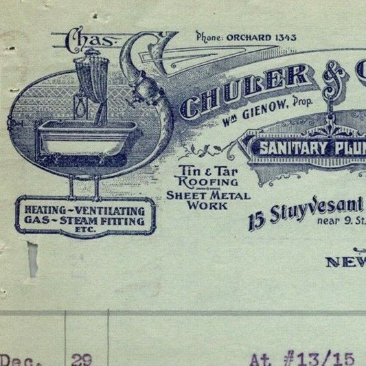 1915 "Schuler & Co." Sanitary Plumbing Billhead Letterhead Stuyvesant St NYC