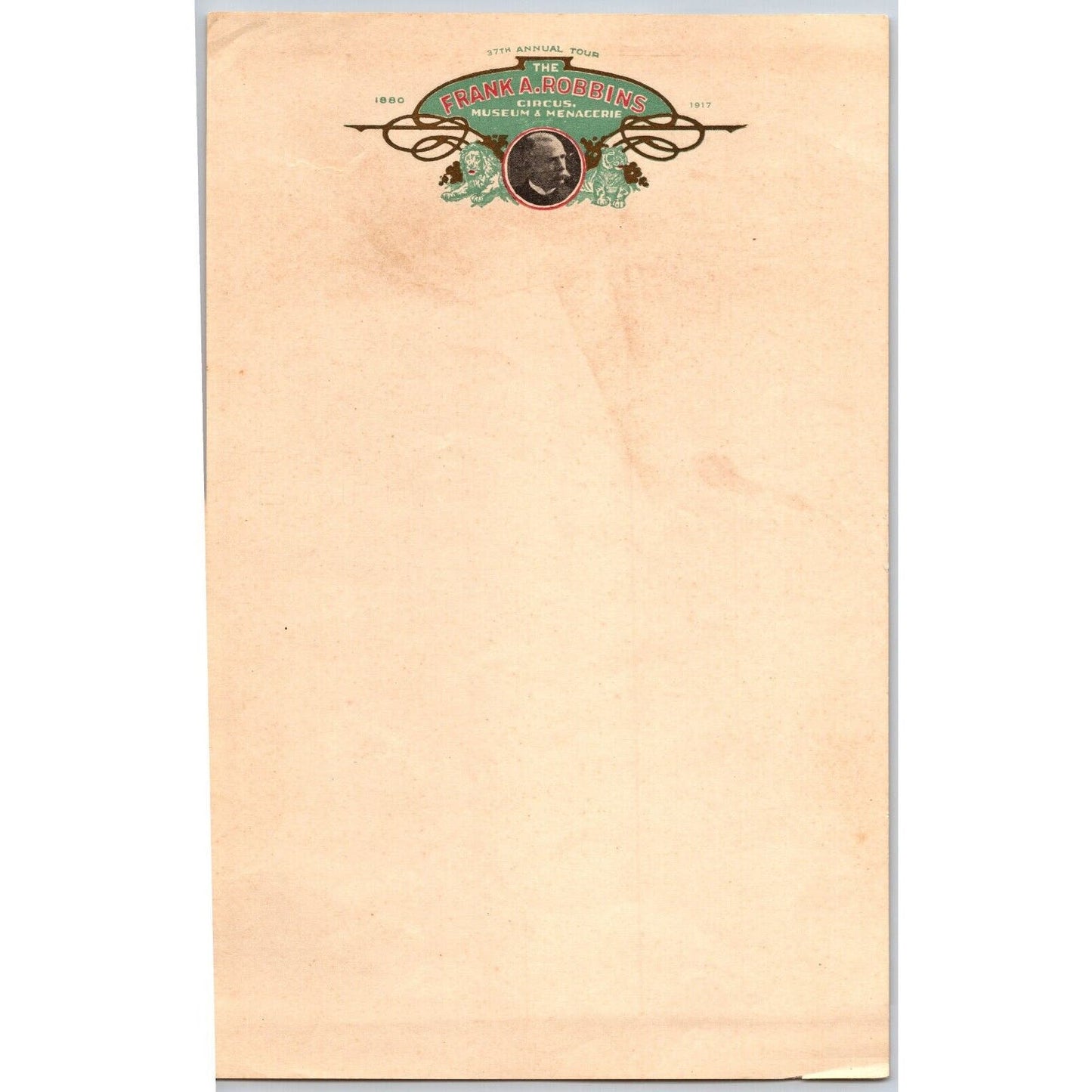 Frank A. Robbins Small Circus Museum Letterhead 1917 "37th Tour" VGC Scarce