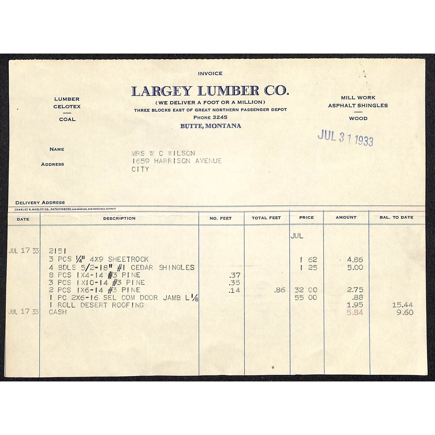 Largey Lumber Coal Butte Montana 1933 Billhead Letterhead - Wilson Drug