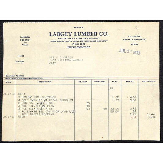 Largey Lumber Coal Butte Montana 1933 Billhead Letterhead - Wilson Drug