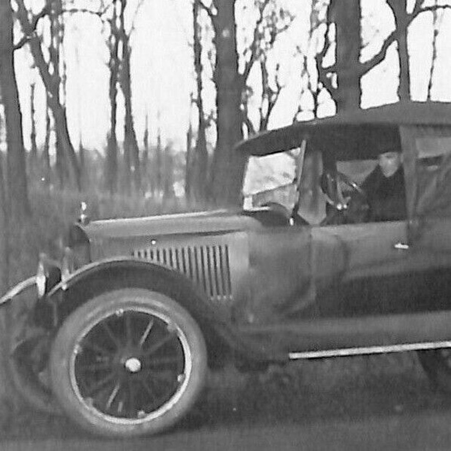 Original B&W Photo c1920's Man Poses Inside Automobile Roadside Near Trees