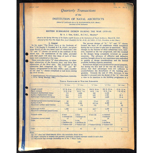 1947 Quarterly Transactions of the Institution of Naval Architects 14p Submarine
