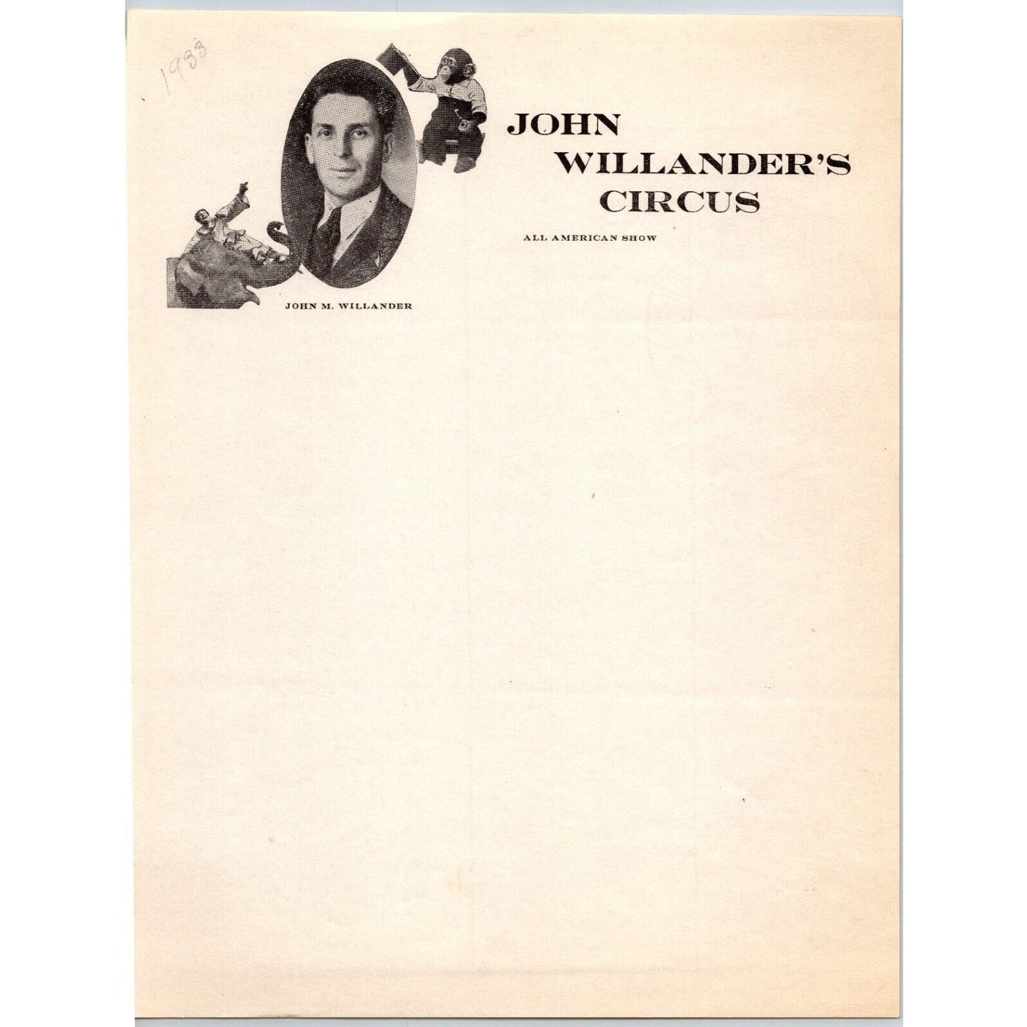 John Willander's Circus Letterhead c1935 Real Photo Monkey Elephant Scarce