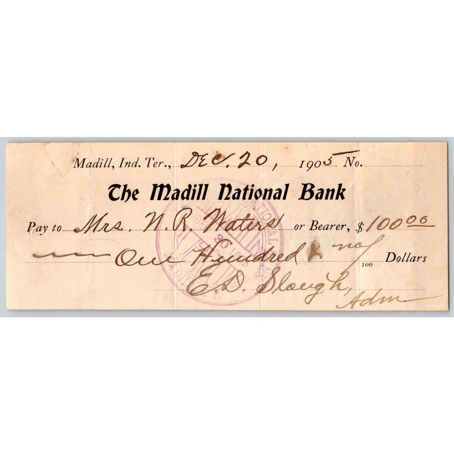 Madill, OK 1905 Indian Territory $100 Madill National Bank Check Scarce