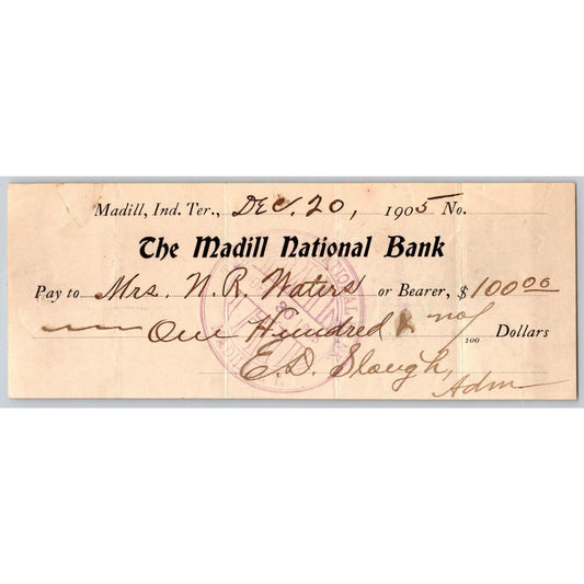 Madill, OK 1905 Indian Territory $100 Madill National Bank Check Scarce