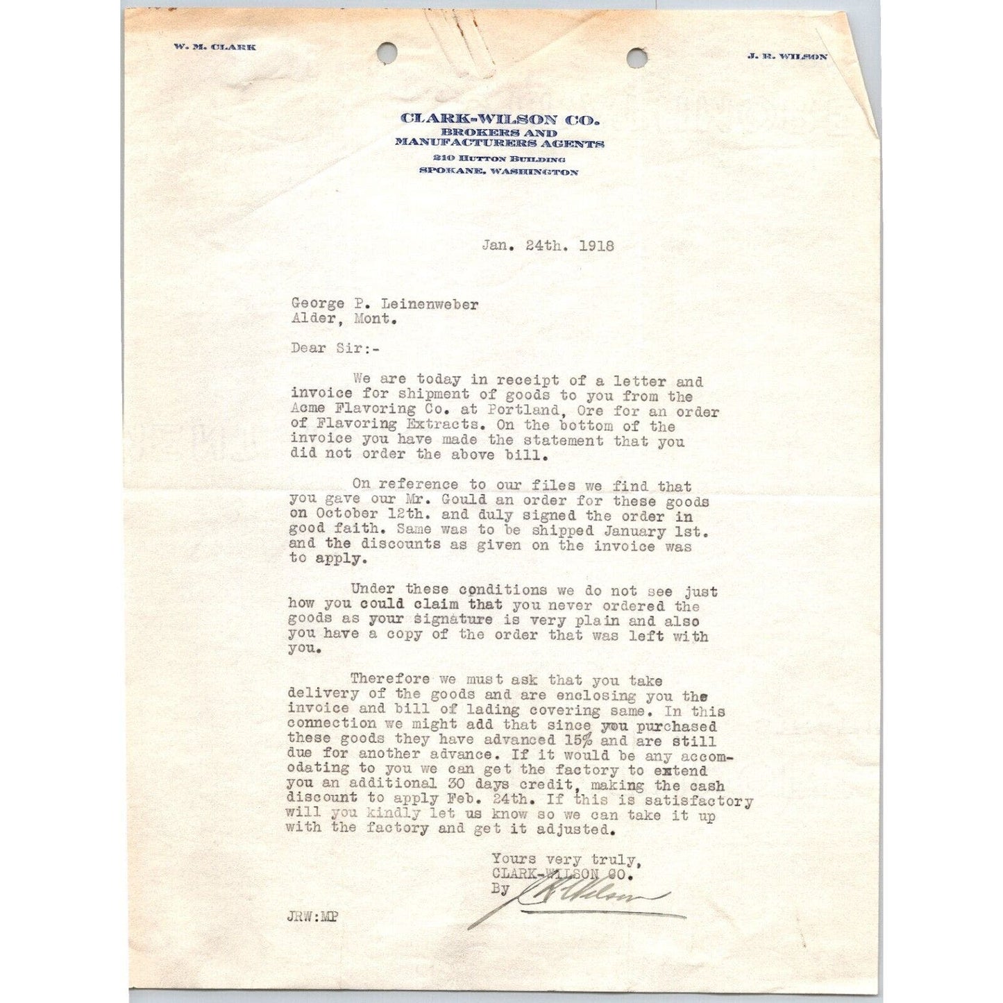 Spokane, WA Clark-Wilson Co. Food Brokers Agents 1906 Letterhead