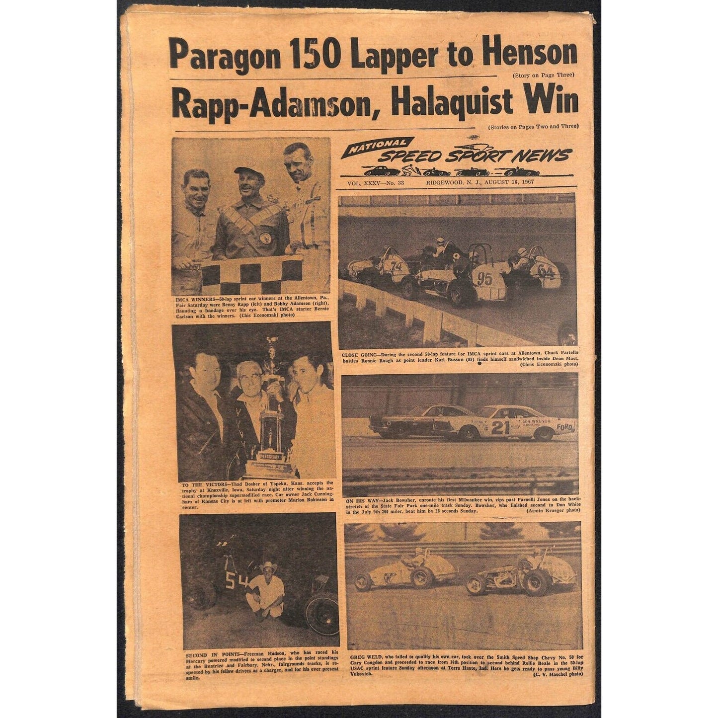 National Speed Sport News 8/16 1967 Dosher & Bowsher Wins Racing 23pp