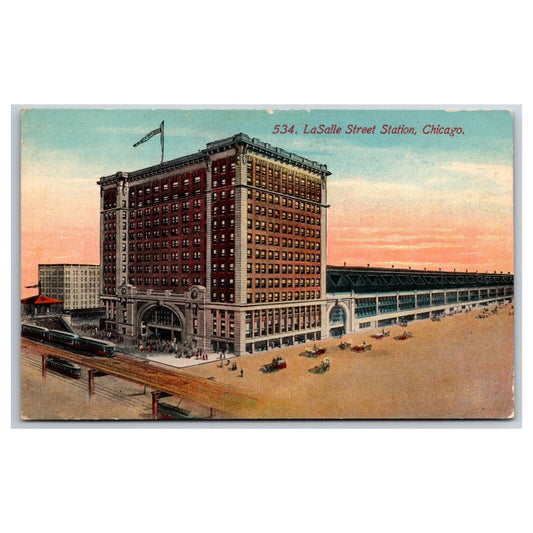 LaSalle Street Station, Chicago Railroad Postcard Autos & Passengers NP c1910-15