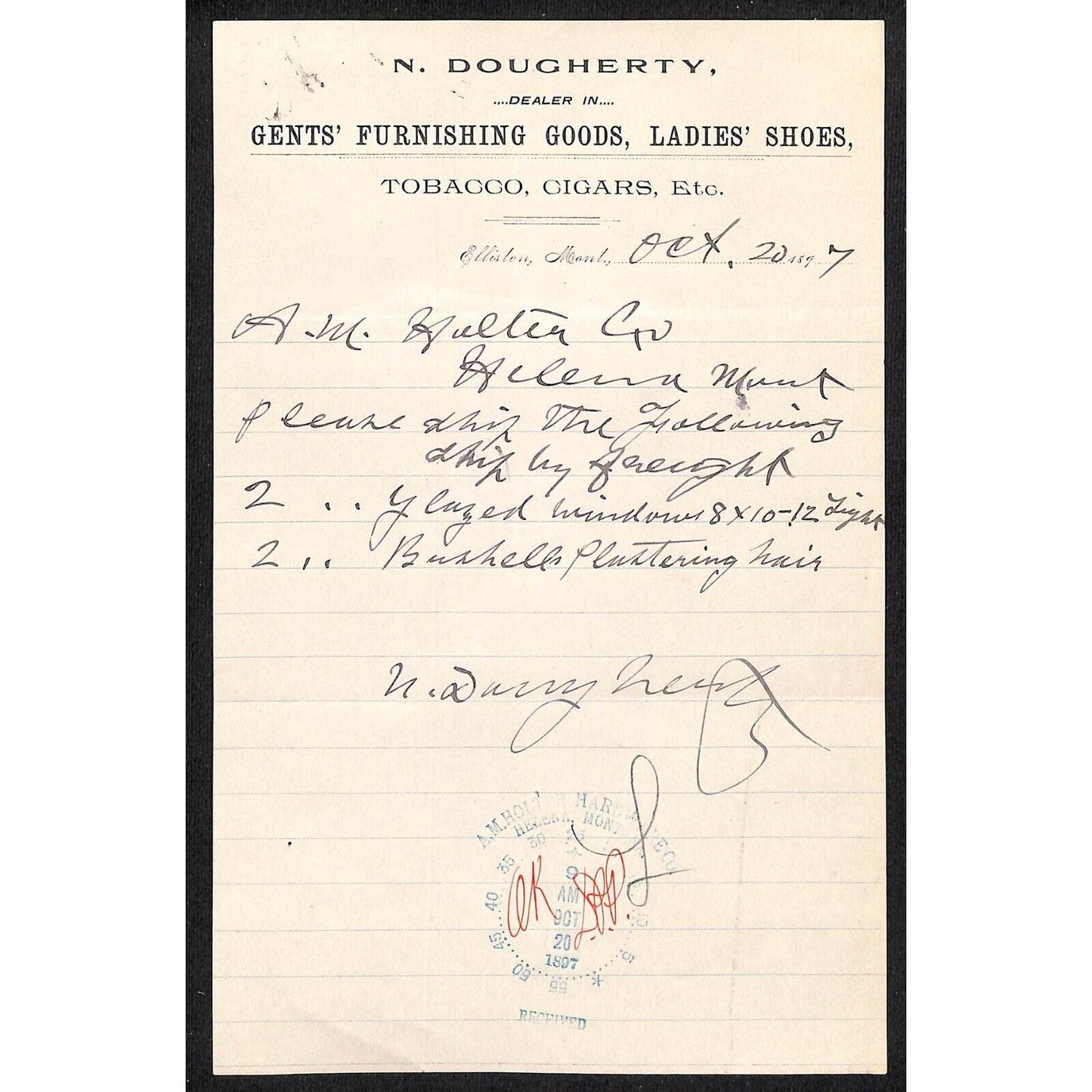 Elliston, MT N. Dougherty Tobacco Cigars 1897 Billhead