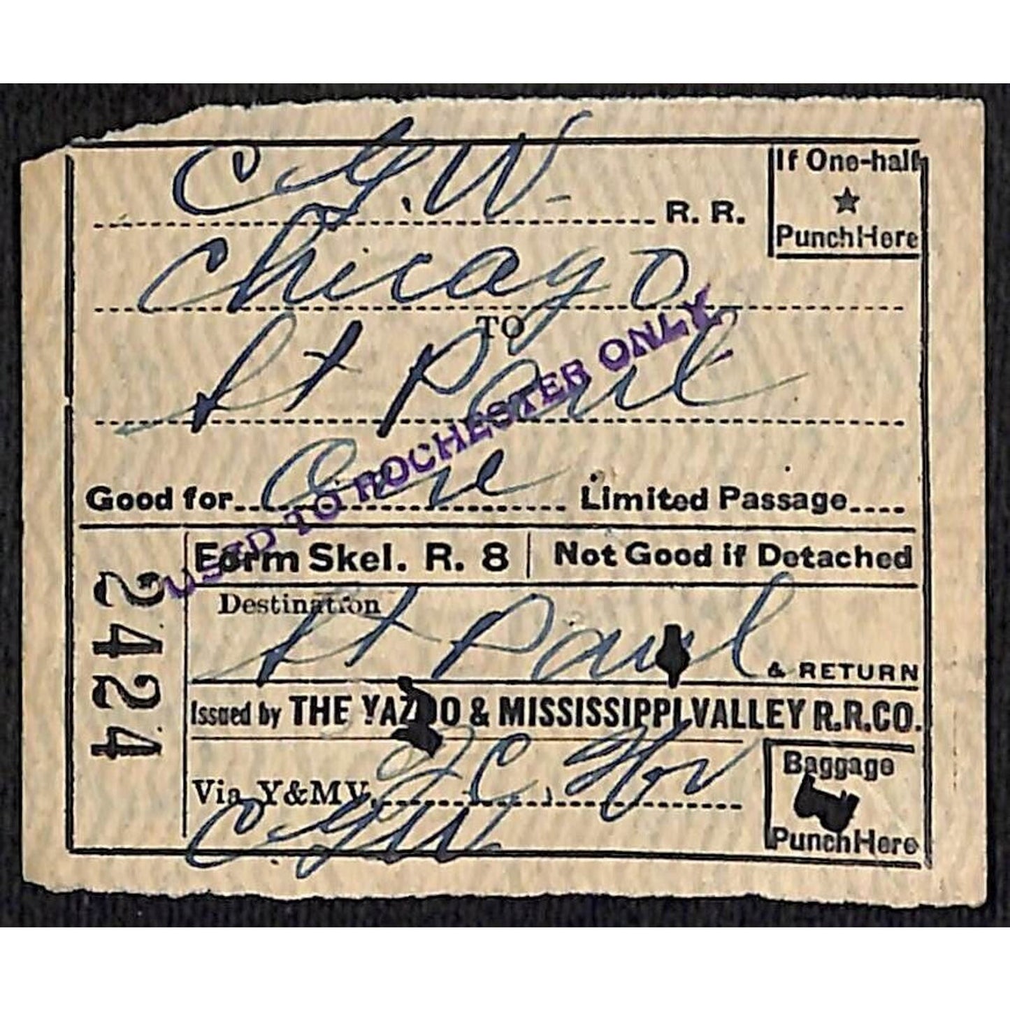 Yazoo & Mississippi Valley Railroad Ticket 1923 Chicago St. Paul #2424