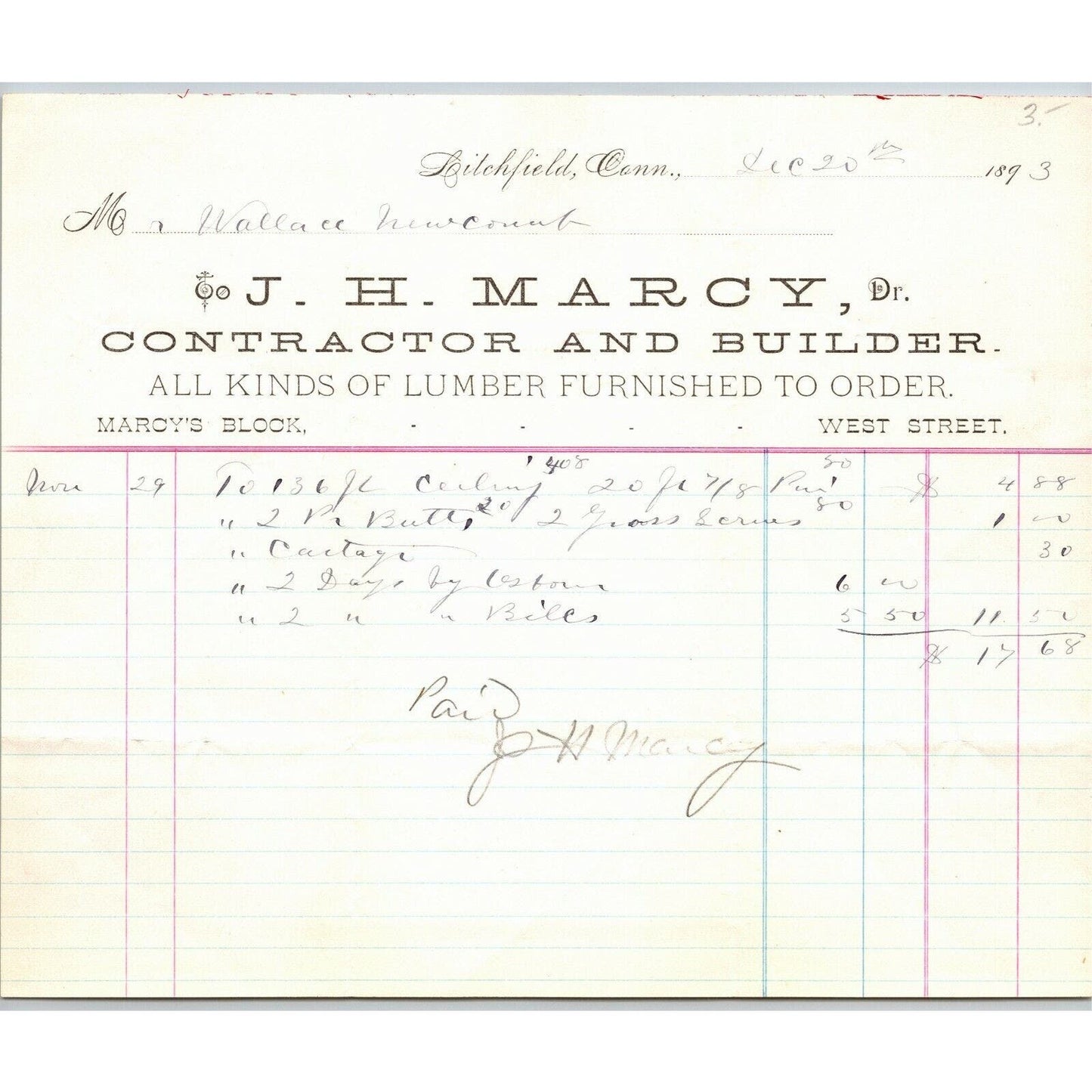 J.H. Marcy 1893 Letterhead Litchfield, Conn Contractor Builder Lumber West St.