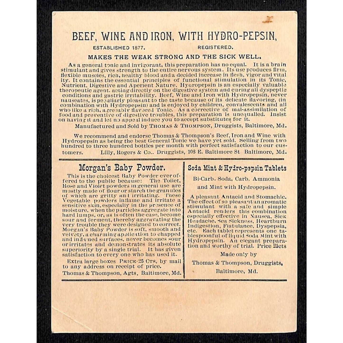 Beef, Wine Iron w/ Hydro-Pepsin Thomas & Thomson Victorian Trade Card 2 Dogs