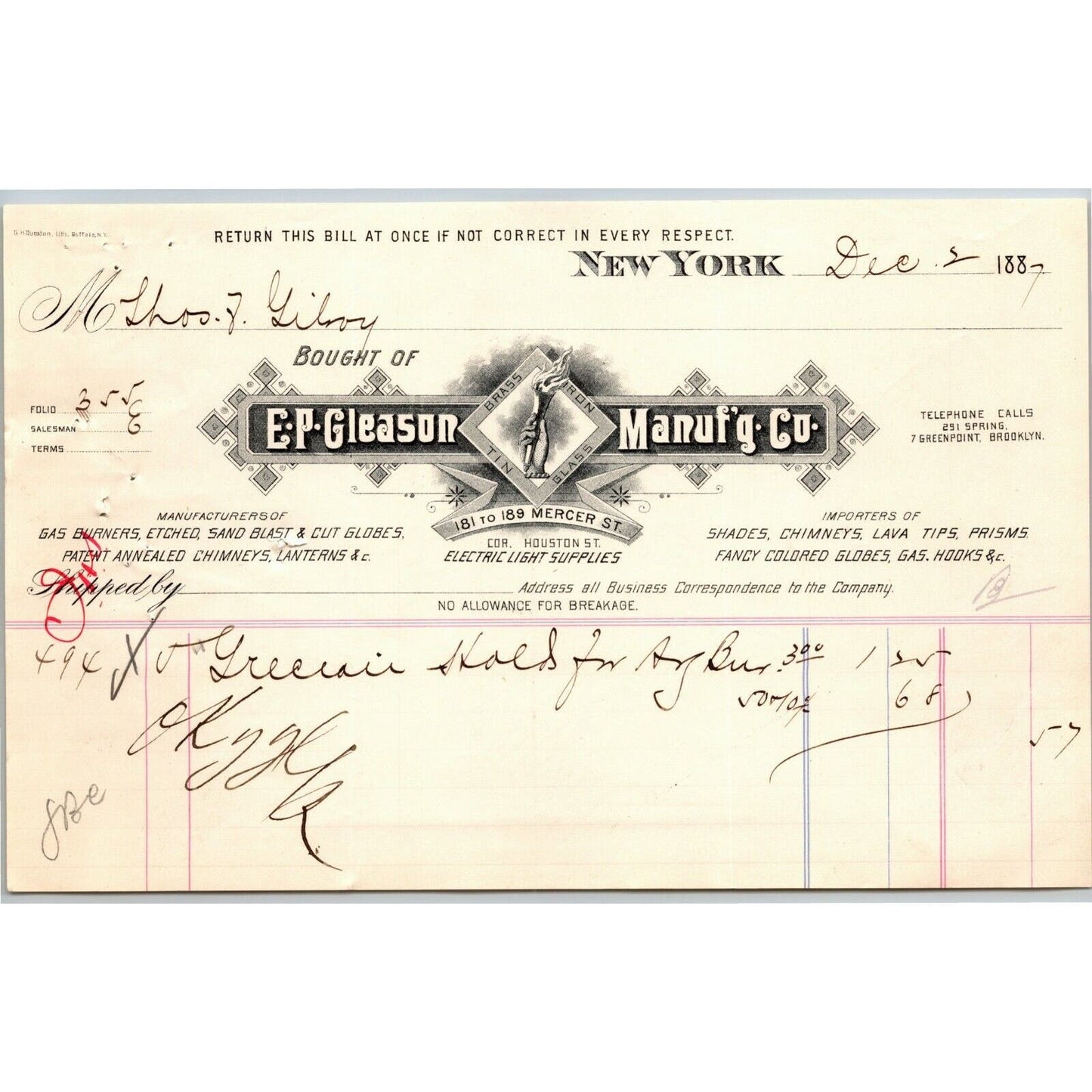 Dec 2 1887 "E. P. Gleason" Cut Glass Globes Billhead Letterhead Mercer St NYC