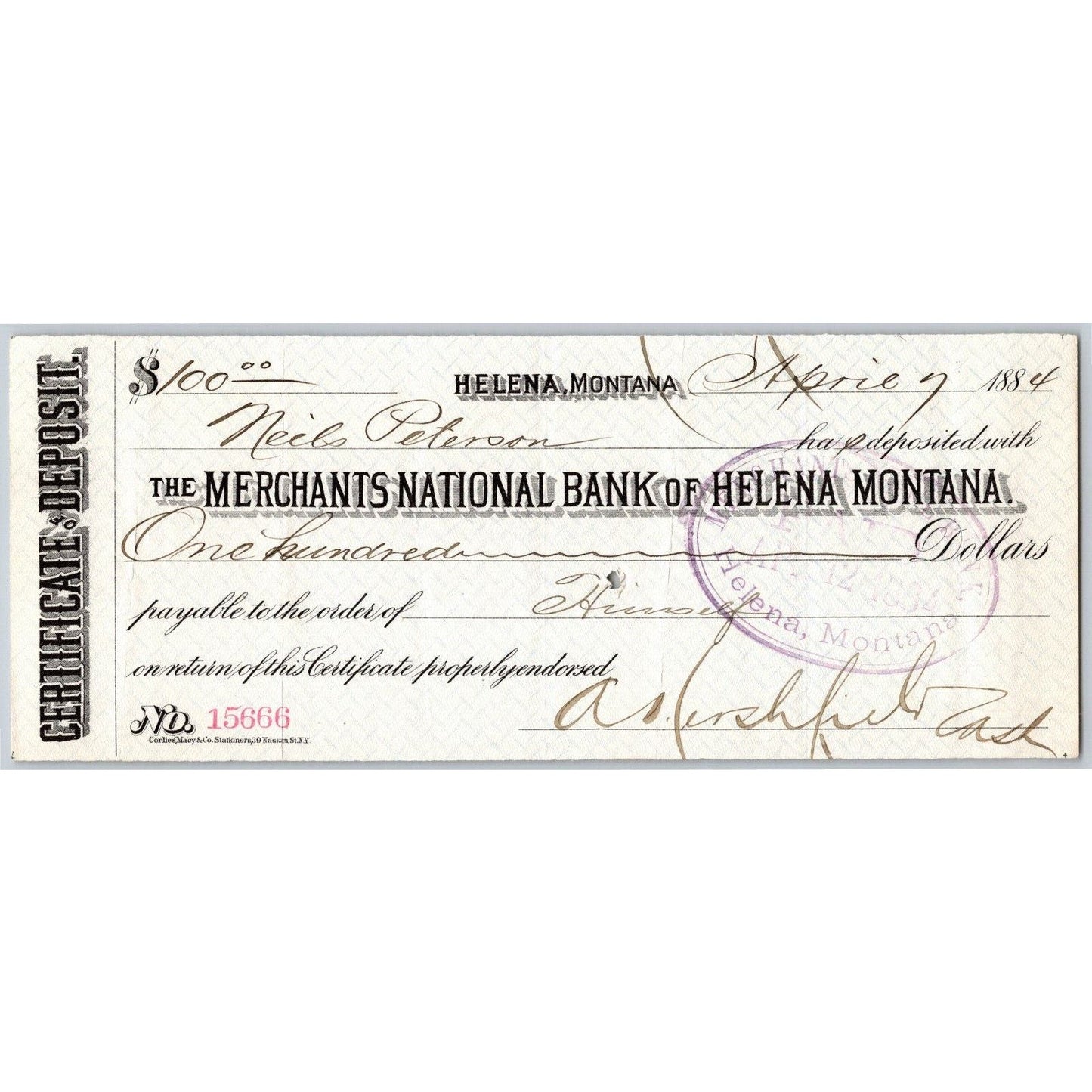 Helena Montana Merchants National Bank $100 Certificate of Deposit 1884