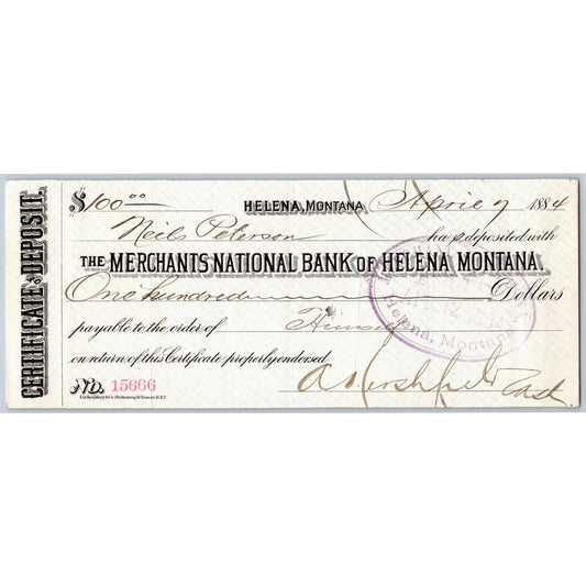 Helena Montana Merchants National Bank $100 Certificate of Deposit 1884
