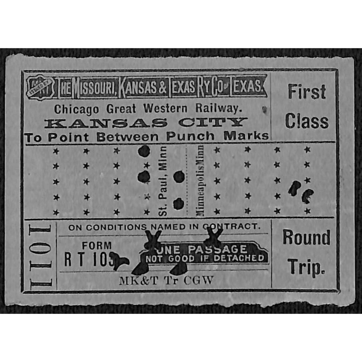 Missouri, Kansas & Texas Railway c1913 Railroad Ticket Kansas City to #1011