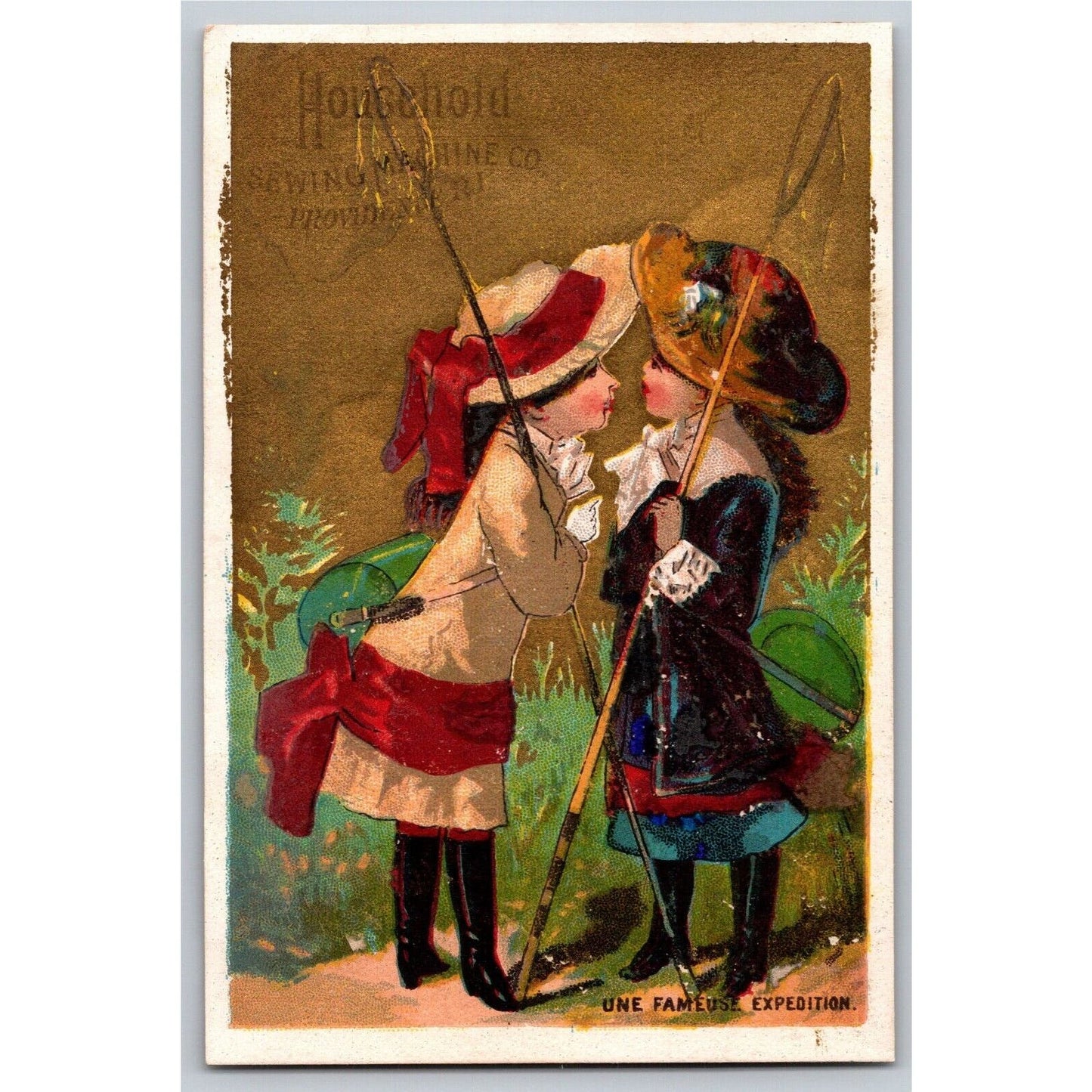 Girls Butterfly Nets "Une Fameuse Expedition" Victorian Trade Card