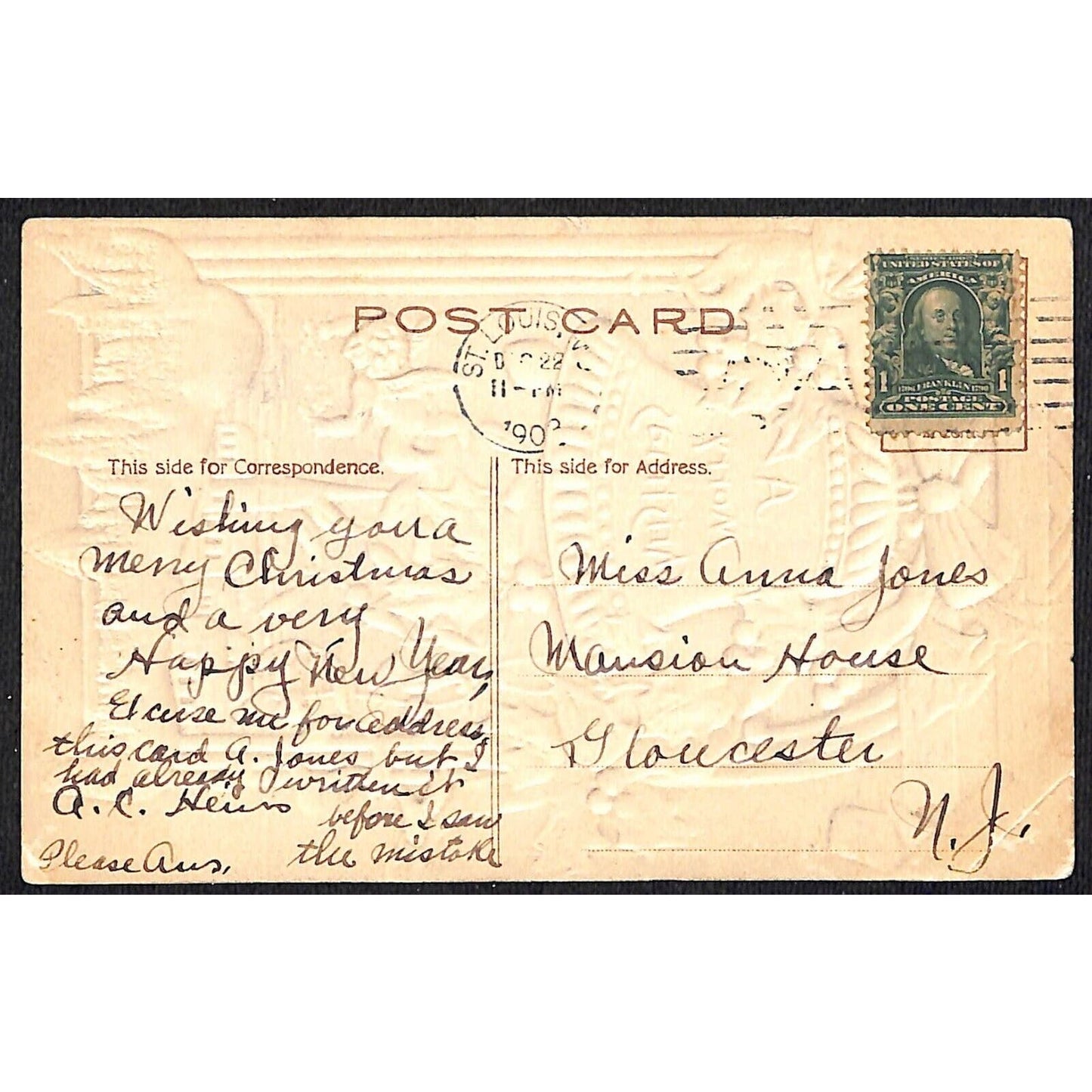 Christmas Postcard "A Merry Christmas" Snow Holly Window Strong - Emboss c1910