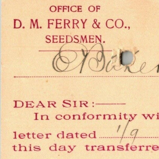 1899 Adv. Payment Conf. Postcard D.M. Ferry Seeds Seedsmen Detroit E. Baker*