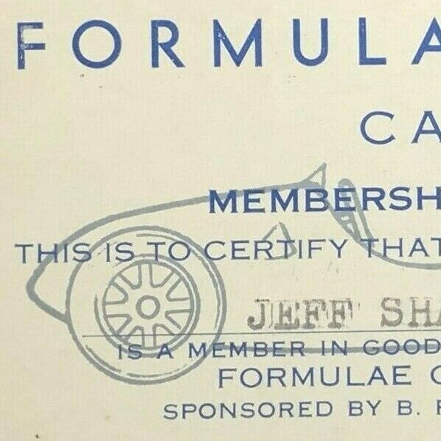 c1960's Pomona Formulae Car Club / Elks #789 Membership Card - Jeff Sharpe VGC