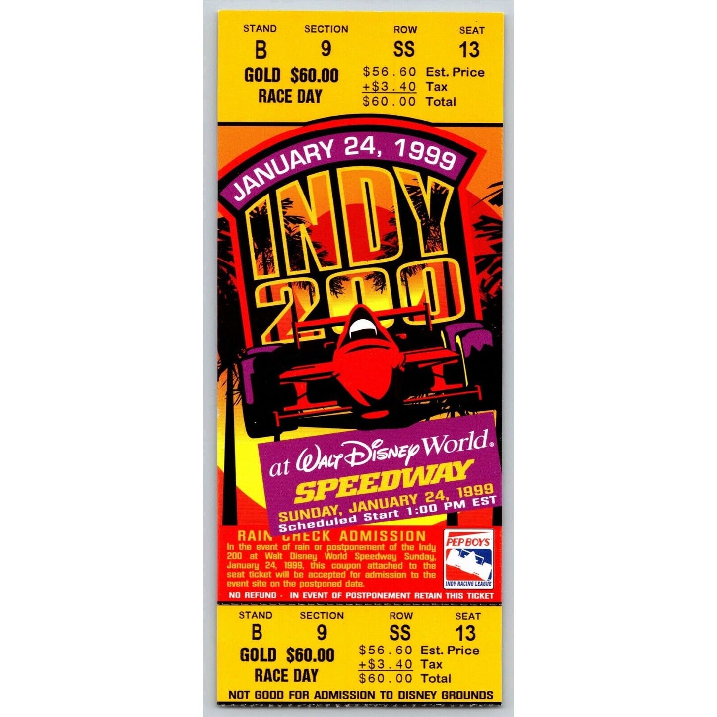 1999 Indy 200 Walt Disney World Speedway Ticket Stub - Seat 13