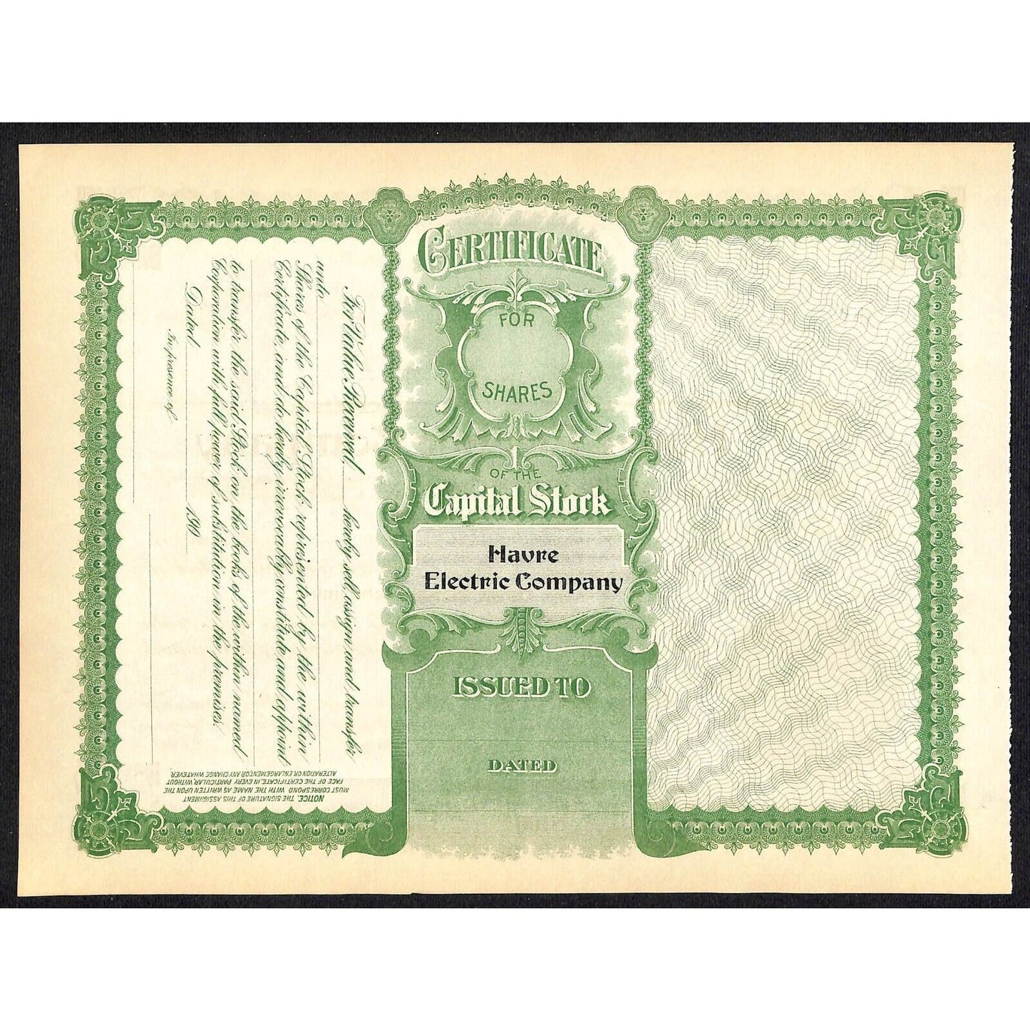 Havre Electric Company Montana c1900 - 1910 Unused Stock Certificate VGC