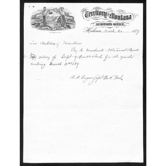 Helena, MT Territory of Montana 1889 Auditor's Letterhead w/ Workmen Train Vig.