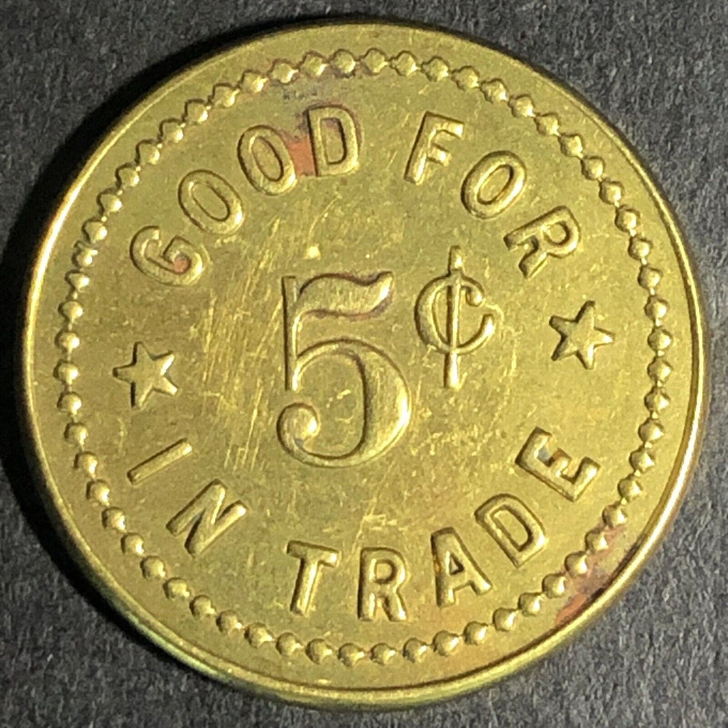 Wiley's Place Hillsboro Oregon -- G/F 5c Brass Trade Token "W" 22mm