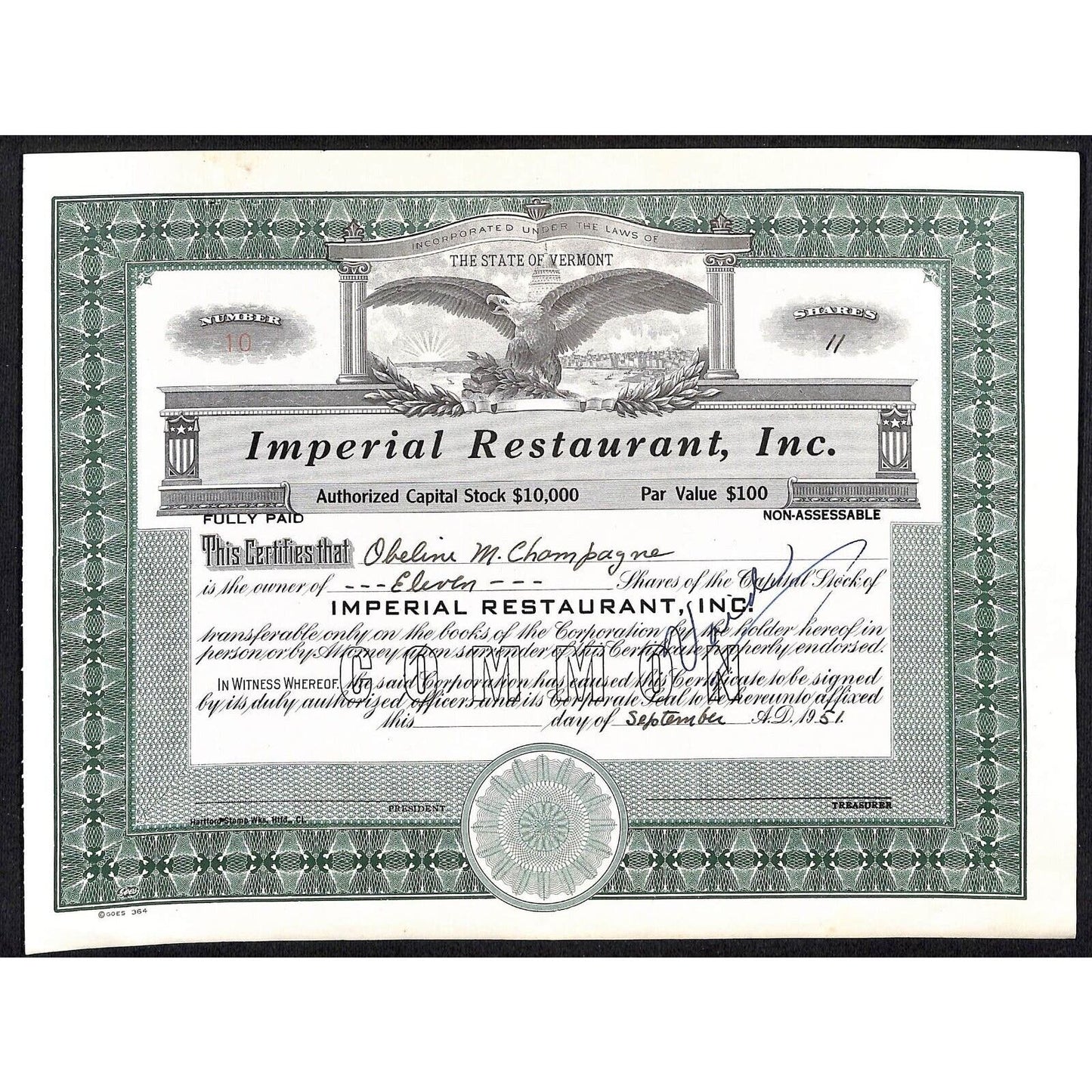 Imperial Restaurant, Inc 1951 Montpelier VT Stock Certificate Scarce