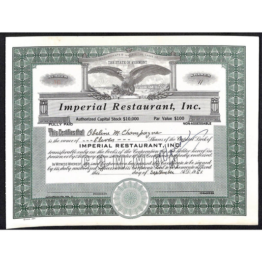 Imperial Restaurant, Inc 1951 Montpelier VT Stock Certificate Scarce