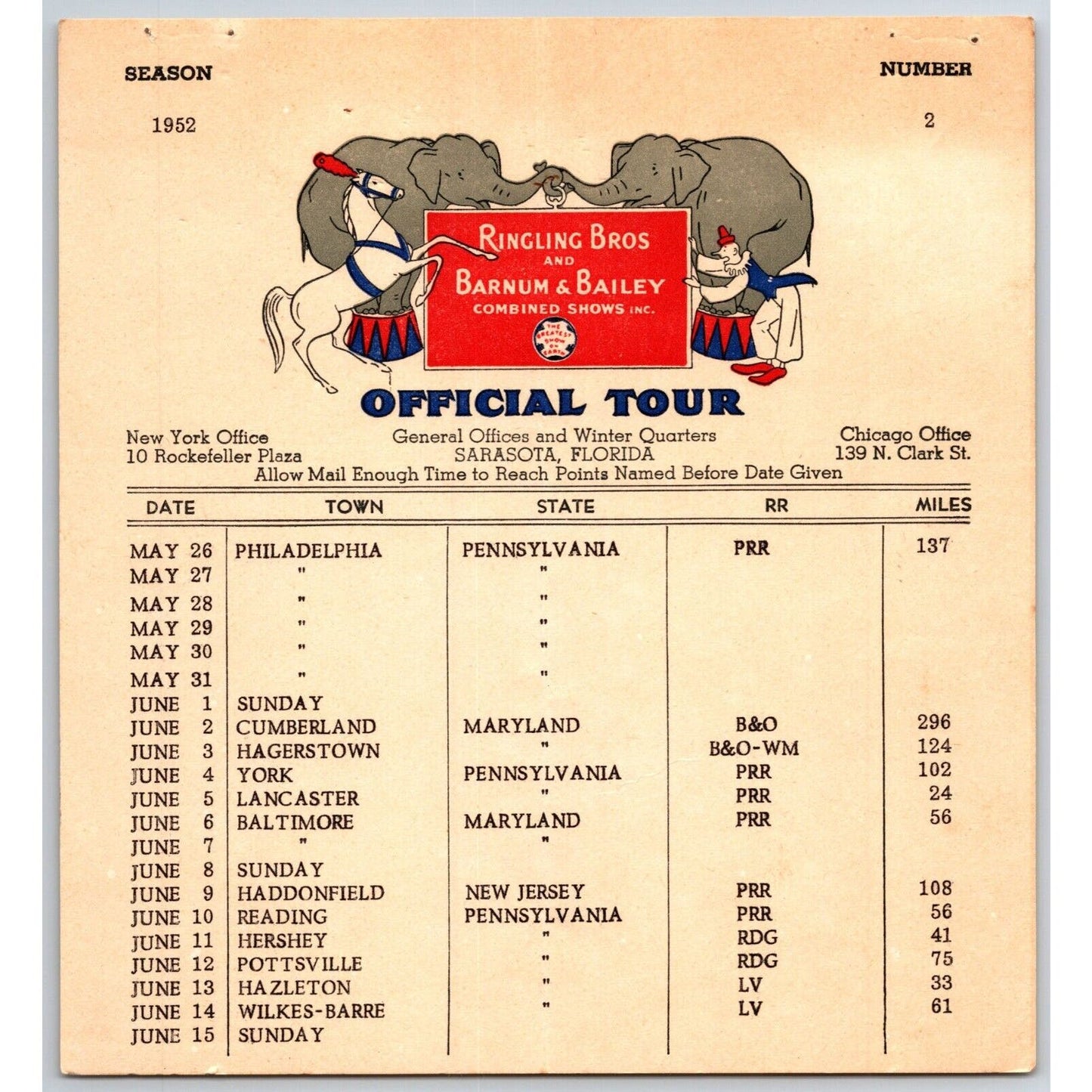 1952 Ringling Bros Barnum Bailey Circus Route Card York Pittsville Philadelphia