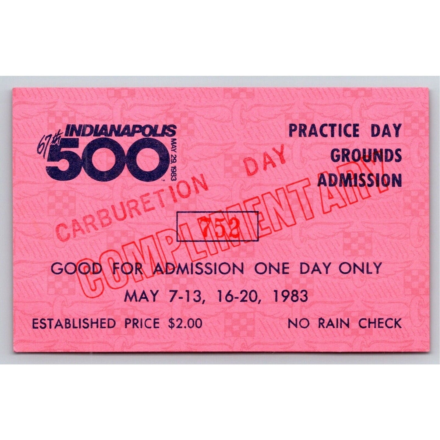 1983 Indy 500 Practice Day Admission Comp Carburetion Ticket Pass Card IMS #752