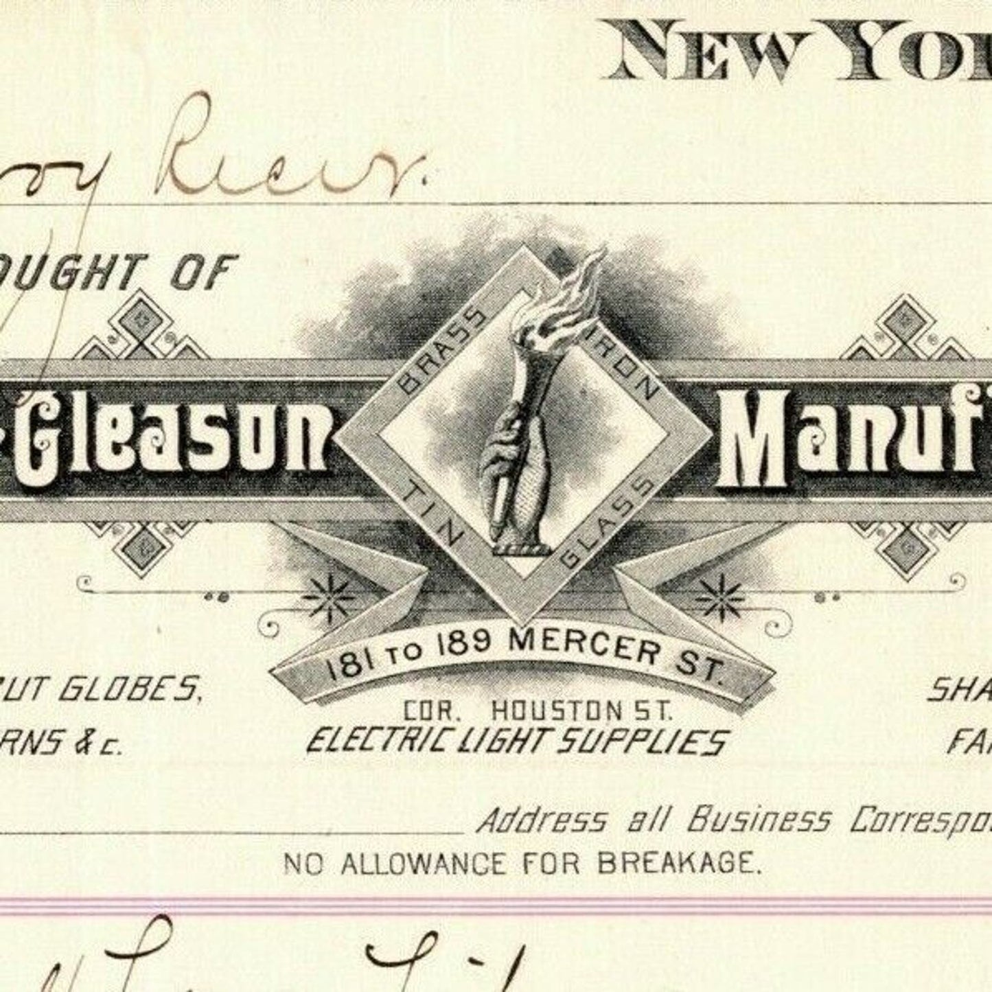 Dec 30 1887 "E. P. Gleason" Cut Glass Globes Billhead Letterhead Mercer St NYC