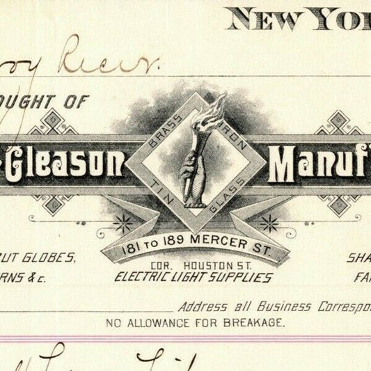 Dec 30 1887 "E. P. Gleason" Cut Glass Globes Billhead Letterhead Mercer St NYC