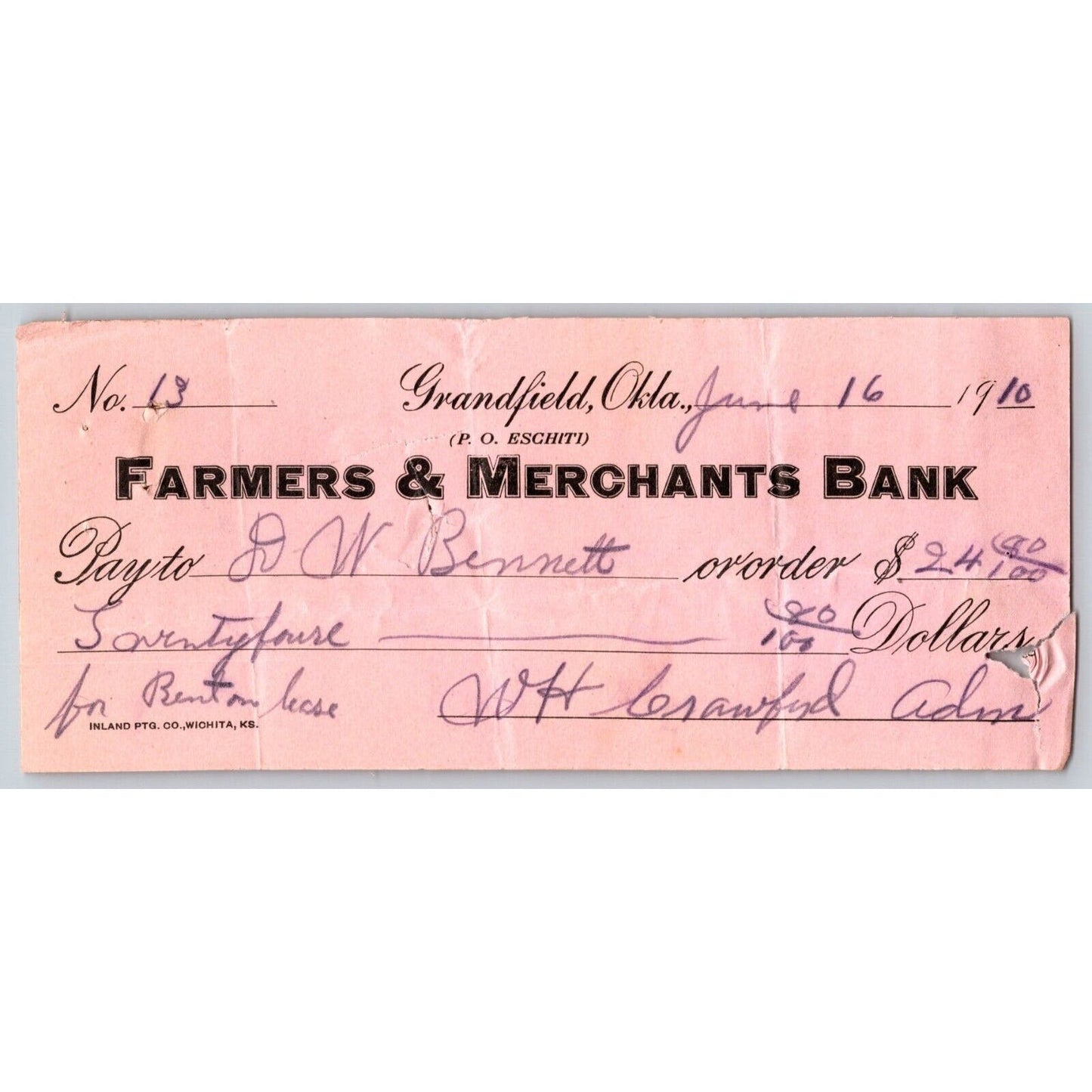 Grandfield, Oklahoma "Farmers & Merchants Bank" 1910 Check Scarce