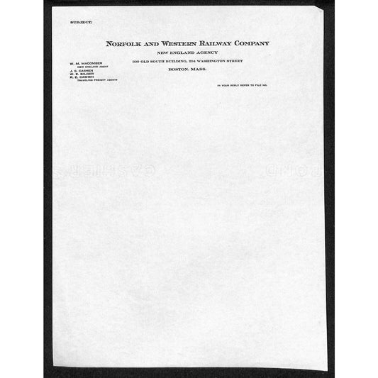 Norfolk & Western Railway Company Railroad New England / Boston Letterhead Sheet