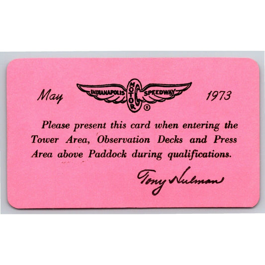 1973 Indy 500 Tower / Press Practice Ticket Pass Card Indianapolis IMS Race VGC