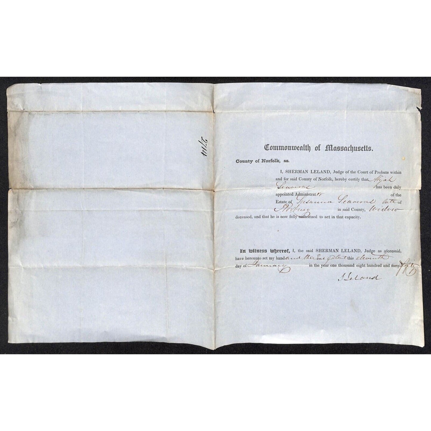 1850 Massachusetts Legal Document Herman Leland Probate Judge Appointment