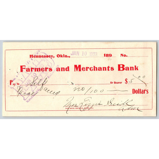Hennessey, OK Territorial 1903 Farmers and Merchants Bank Check - Scarce