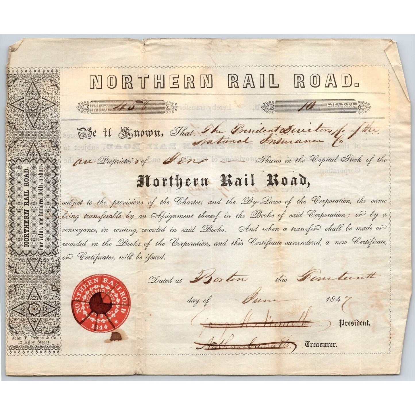 1847 Boston, MA Northern Railroad Stock Certificate No. 458 for 10 Shares