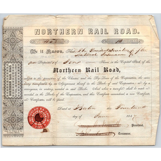 1847 Boston, MA Northern Railroad Stock Certificate No. 458 for 10 Shares