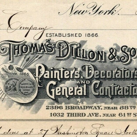 1915 Thomas Dillon & Sons Painters Decorators Billhead Letterhead Broadway NYC