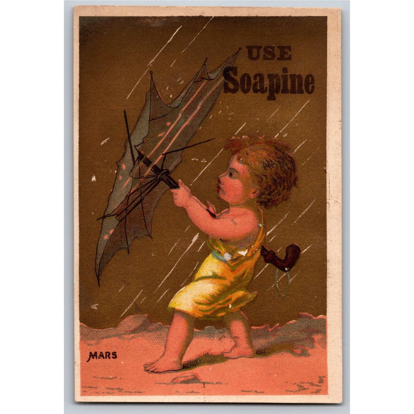 Young Child Wind Rain Struggles w/ Umbrella Victorian Trade Card Soapine /w Gilt